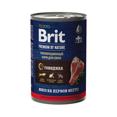 Brit Premium by Nature полнорационный влажный корм для собак, фарш из говядины, в консервах - 410 г повседневный премиум для взрослых с говядиной для всех пород консервы (в железной банке) Российский корм 1 уп. х 6 шт. х 2.46 кг