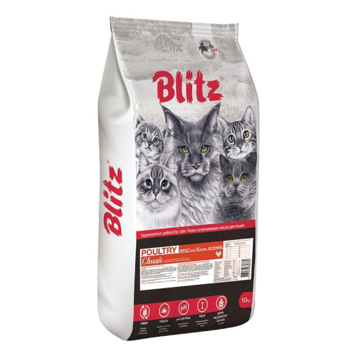 Blitz Classic Adult Cats Poultry полнорационный сухой корм для кошек, с домашней птицей - 10 кг повседневный супер премиум для взрослых с птицей мешок Российский корм 1 уп. х 1 шт. х 10 кг