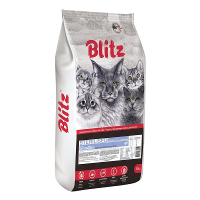 Blitz Sensitive Sterilised Cats полнорационный сухой корм для стерилизованных кошек, с индейкой повседневный супер премиум для взрослых с индейкой мешок Российский корм 1 уп. х 1 шт. х 10 кг