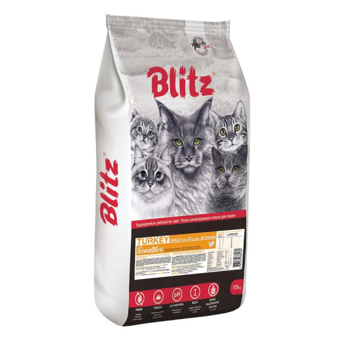 Blitz Sensitive Adult Cats Turkey полнорационный сухой корм для кошек, с индейкой - 10 кг повседневный супер премиум для взрослых с индейкой мешок Российский корм 1 уп. х 1 шт. х 10 кг