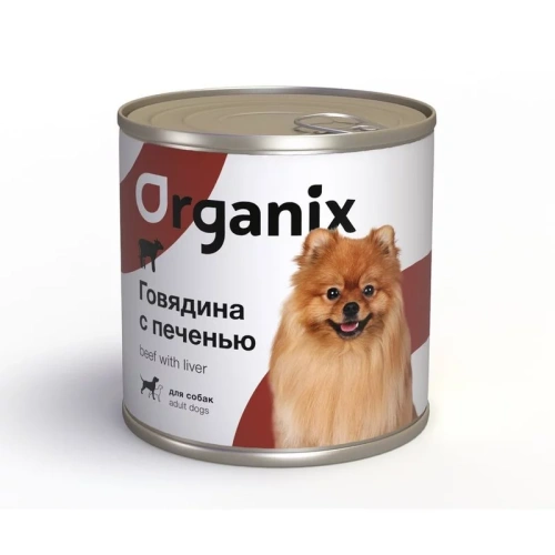 Organix влажный корм для собак, с говядиной и печенью, в консервах - 750 г повседневный супер премиум для взрослых с печенью для всех пород консервы (в железной банке) Российский корм 1 уп. х 12 шт. х 9 кг