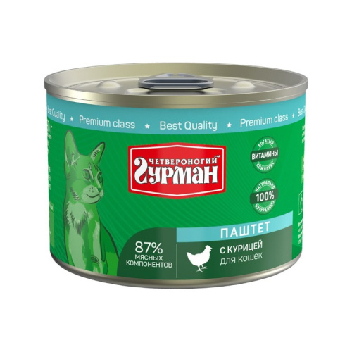 Четвероногий Гурман влажный корм для кошек, паштет с курицей, в консервах - 190 г повседневный премиум для взрослых с курицей консервы (в железной банке) Российский корм 1 уп. х 12 шт. х 2.28 кг