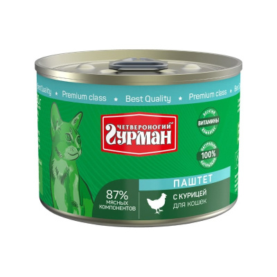 Четвероногий Гурман влажный корм для кошек, паштет с курицей, в консервах - 190 г повседневный премиум для взрослых с курицей консервы (в железной банке) Российский корм 1 уп. х 12 шт. х 2.28 кг