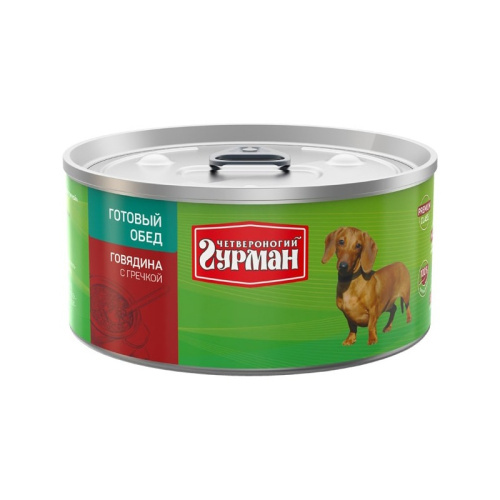 Четвероногий Гурман Готовый обед влажный корм для собак, фарш из говядины с гречкой, в консервах - 325 г повседневный супер премиум без курицы для взрослых с говядиной породы мелкого размера консервы (в железной банке) Российский корм 1 уп. х 12 шт. х 3.9