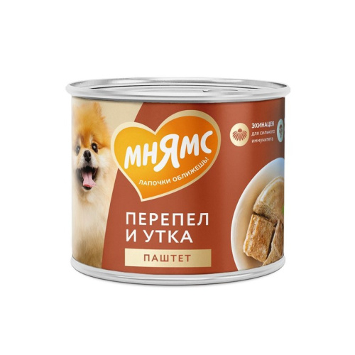 Мнямс Сильный Иммунитет паштет для взрослых собак всех пород из утки и перепела в консервах - 200 г (12 шт в уп) повседневный премиум для взрослых с перепелкой для всех пород консервы (в железной банке) Российский корм 1 уп. х 12 шт. х 2.4 кг