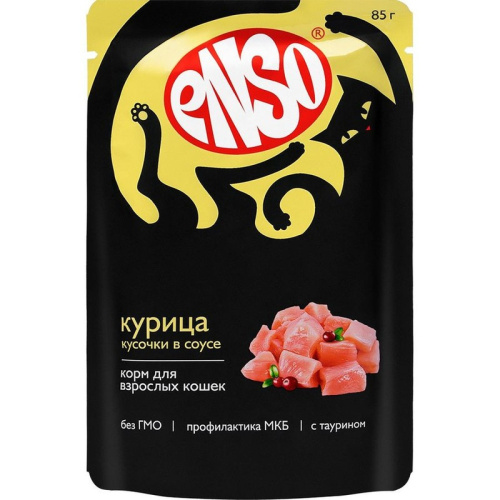 Enso Basic для кошек, полнорационный, профилактика МКБ, с курицей, кусочки в соусе, в паучах -85 г повседневный премиум для взрослых с курицей для всех пород паучи Российский корм 1 уп. х 24 шт. х 2.04 кг