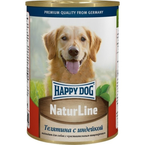 Happy Dog Natur Line полнорационный влажный корм для собак, фарш из телятины и индейки, в консервах - 410 г повседневный супер премиум без курицы для взрослых с индейкой для всех пород консервы (в железной банке) Российский корм 1 уп. х 12 шт. х 4.92 кг