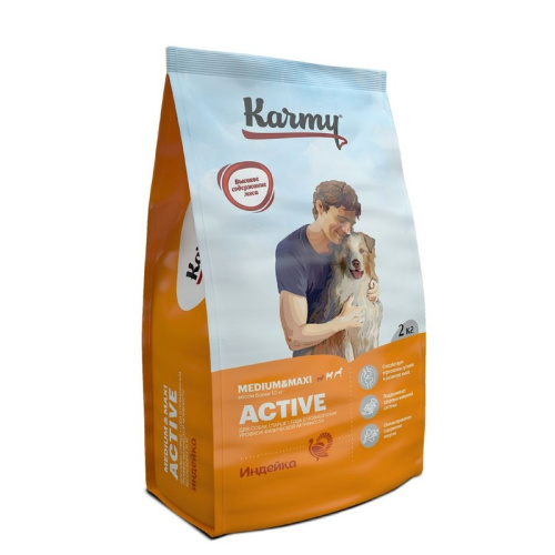 Karmy Active Medium &amp; Maxi полнорационный сухой корм для собак средних и крупных пород при высоких физических нагрузках, с ИНДЕЙКОЙ - 2 кг повседневный премиум зерновые для взрослых с индейкой породы крупного размера мешок Российский корм 1 уп. х 1 шт