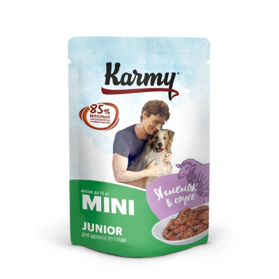 Karmy Mini Junior влажный корм для щенков мелких пород, ягненок в соусе, в паучах  - 80 г х 12 шт повседневный премиум для щенков с ягненком породы мелкого размера паучи Российский корм 1 уп. х 12 шт. х 0.96 кг