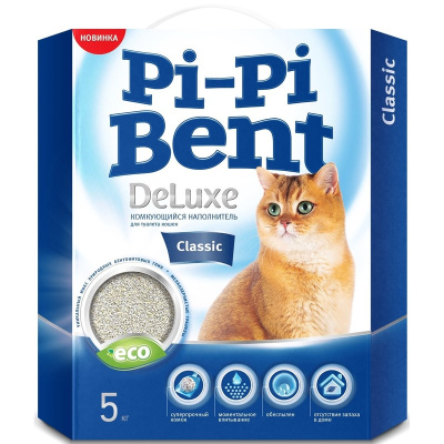 Pi-Pi Bent Deluxe Classic комкующийся наполнитель из бентонитовой глины для кошек - 5 кг супер премиум для всех возрастов Россия 1 уп. х 1 шт. х 5 кг