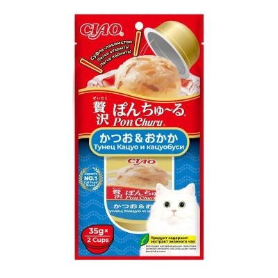 Inaba Ciao Pon Churu лакомство для взрослых кошек, с тунцом Магуро и кацуобуси, суфле - 35 г х 2 шт супер премиум для взрослых с кацуобуси Китай 1 уп. х 1 шт. х 0.07 кг