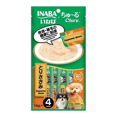 Inaba Churu лакомство пюре для собак, для здоровья кожи и шерсти, с куриным филе - 14 г х 4 шт супер премиум для взрослых с курицей Китай 1 уп. х 1 шт. х 0.056 кг