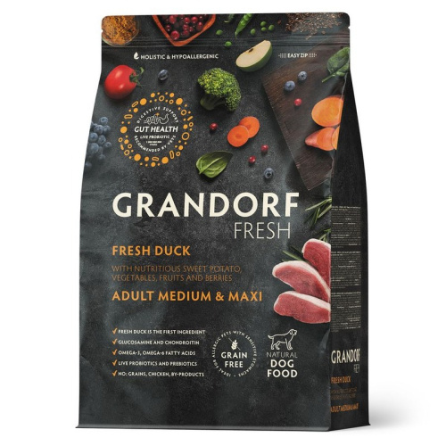 Grandorf Fresh Grain Free Dog Adult Medium &amp; Maxi Duck &amp; Sweet Potato Сухой корм беззерновой с живыми пробиотиками для взрослых собак средних и крупных пород с УТКОЙ и бататом - 1 кг холистик беззерновые для взрослых с уткой для всех пород мешок И