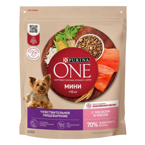 Purina ONE Mini сухой корм для собак мелких пород с чувствительным пищеварением, с высоким содержанием лосося и рисом - 600 г повседневный супер премиум для взрослых с лососем породы мелкого размера мешок Российский корм 1 уп. х 1 шт. х 0.6 кг
