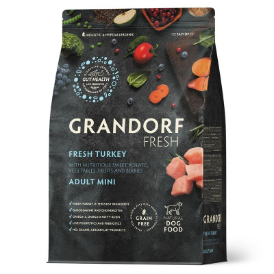 Grandorf Fresh Grain Free Dog Adult Mini Turkey &amp; Sweet Potato Сухой корм беззерновой с живыми пробиотиками для взрослых собак маленьких пород с ИНДЕЙКОЙ и бататом - 1 кг холистик беззерновые для взрослых с индейкой миниатюрные породы мешок Импортный 