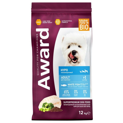 Award Hipo Adult White Fish Hypo сухой корм для собак всех пород, с белой РЫБОЙ, брокколи, сельдереем и семенами льна - 12 кг повседневный супер премиум для взрослых с брокколи для всех пород мешок Российский корм 1 уп. х 1 шт. х 12 кг