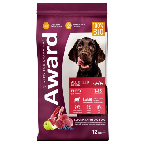 Award All Breed Puppy Lamb сухой корм для щенков от 1 месяца, беременных и кормящих сук всех пород, с ЯГНЕНКОМ, ИНДЕЙКОЙ, яблоком и черникой - 12 кг повседневный супер премиум для щенков с индейкой для всех пород мешок Российский корм 1 уп. х 1 шт. х 12 к