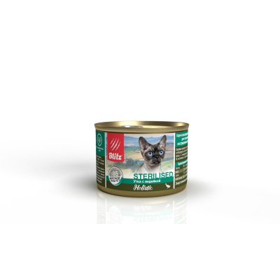 Blitz Holistic Sterilised полнорационный влажный корм для стерилизованных кошек и кастрированных котов, паштет с уткой и индейкой, в консервах - 200 г повседневный супер премиум холистики для взрослых с индейкой консервы (в железной банке) Российский корм