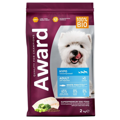 Award Hypo Adult White Fish сухой корм для собак всех пород, с белой РЫБОЙ, брокколи, сельдереем и семенами льна  - 2 кг повседневный супер премиум для взрослых с брокколи для всех пород мешок Российский корм 1 уп. х 1 шт. х 2 кг