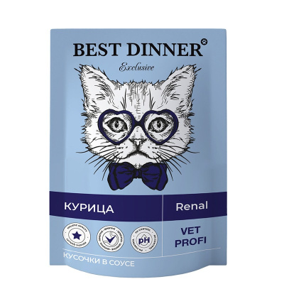 Best Dinner Exclusive Vet Profi Renal полнорационный влажный корм для кошек, для профилактики заболеваний почек, с КУРИЦЕЙ, кусочки в соусе, в паучах - 85 г ветеринарный супер премиум для всех возрастов с курицей для всех пород паучи Российский корм 1 уп.