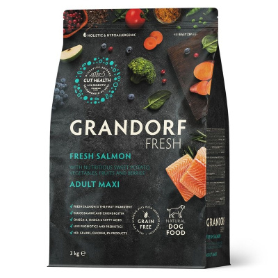 Grandorf Fresh Dog Adult Maxi сухой корм для взрослых собак крупных пород, с ЛОСОСЕМ и бататом - 3 кг холистик для взрослых с лососем породы крупного размера мешок Бельгия 1 уп. х 1 шт. х 3 кг