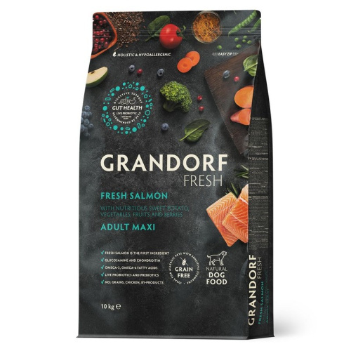 Grandorf Fresh Dog Adult Maxi сухой корм для взрослых собак крупных пород, с ЛОСОСЕМ и бататом - 10 кг холистик для взрослых с лососем породы крупного размера мешок Бельгия 1 уп. х 1 шт. х 10 кг