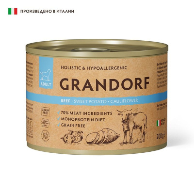 Grandorf влажный корм для собак, паштет, c ГОВЯДИНОЙ, бататом и цветной капустой, в консервах - 200 г холистик для взрослых с говядиной консервы (в железной банке) Италия 1 уп. х 6 шт. х 1.2 кг