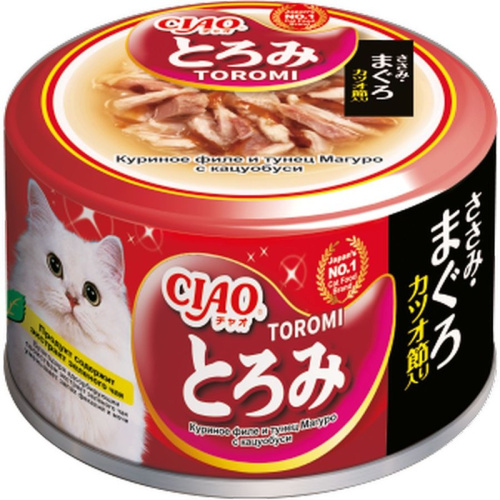 Inaba Ciao Toromi влажный корм для кошек, с куриным филе, тунцом магуро и кацуобуси, кусочки в бульоне, в консервах - 80 г повседневный супер премиум беззерновые для взрослых с тунцом для всех пород консервы (в железной банке) Импортный корм 1 уп. х 24 шт