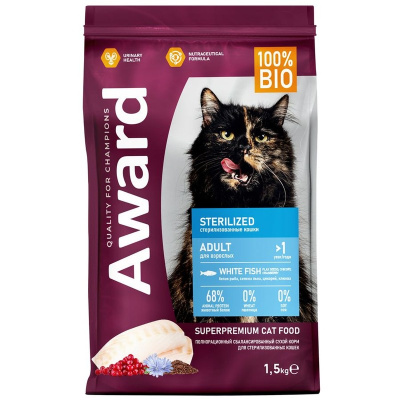Award Sterilized Adult White Fish Sterilized сухой корм для стерилизованных кошек, с белой РЫБОЙ, клюквой и цикорием - 1,5 кг повседневный супер премиум для взрослых с клюквой для всех пород мешок Российский корм 1 уп. х 1 шт. х 1.5 кг