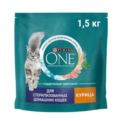 Purina ONE сухой корм для стерилизованных кошек с курицей и цельными злаками - 1,5 кг повседневный супер премиум для взрослых с курицей мешок Российский корм 1 уп. х 1 шт. х 1.5 кг