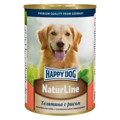 Happy Dog Natur Line полнорационный влажный корм для собак, фарш из телятины и риса, в консервах - 410 г повседневный супер премиум для взрослых с телятиной для всех пород консервы (в железной банке) Российский корм 1 уп. х 20 шт. х 8.2 кг