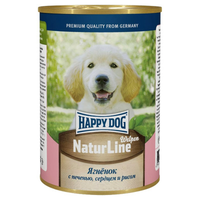 Happy Dog Natur Line полнорационный влажный корм для щенков, фарш из ягненка, печени, сердца и риса, в консервах - 410 г повседневный супер премиум для щенков с печенью для всех пород консервы (в железной банке) Российский корм 1 уп. х 20 шт. х 8.2 кг