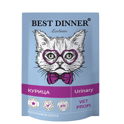 Best Dinner Exclusive Vet Profi Urinary полнорационный влажный корм для кошек, для профилактики мочекаменной болезни (МКБ), с КУРИЦЕЙ, кусочки в соусе, в паучах - 85 г ветеринарный супер премиум для всех возрастов с курицей для всех пород паучи Российский