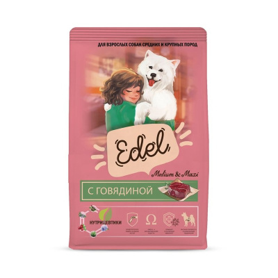 Edel Adult Medium &amp; Maxi Beef сухой корм для взрослых собак средних и крупных пород, с говядиной - 2 кг повседневный премиум для взрослых с говядиной для всех пород мешок Российский корм 1 уп. х 1 шт. х 2 кг