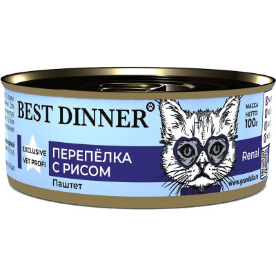 Best Dinner Exclusive Vet Profi Renal влажный корм для кошек при заболеваниях почек, паштет с ПЕРЕПЕЛКОЙ и рисом, в консервах - 100 г х 24 шт повседневный супер премиум для всех возрастов с перепелкой для всех пород консервы (в железной банке) Российский 