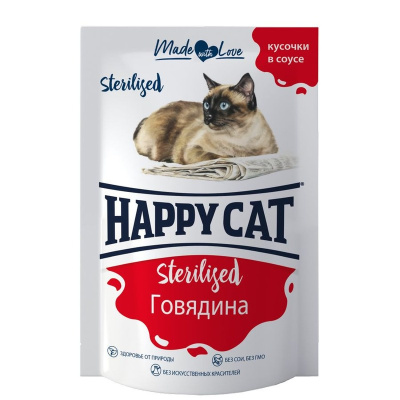 Happy Cat влажный корм для стерилизованных кошек, с ГОВЯДИНОЙ, кусочки в соусе, в паучах - 85 г повседневный супер премиум для взрослых с телятиной паучи Российский корм 1 уп. х 24 шт. х 2.04 кг
