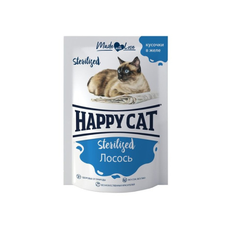 Happy Cat влажный корм для стерилизованных кошек, с ЛОСОСЕМ, кусочки в желе, в паучах - 85 г повседневный супер премиум для взрослых с лососем паучи Российский корм 1 уп. х 24 шт. х 2.04 кг