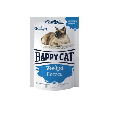 Happy Cat влажный корм для стерилизованных кошек, с ЛОСОСЕМ, кусочки в желе, в паучах - 85 г повседневный супер премиум для взрослых с лососем паучи Российский корм 1 уп. х 24 шт. х 2.04 кг