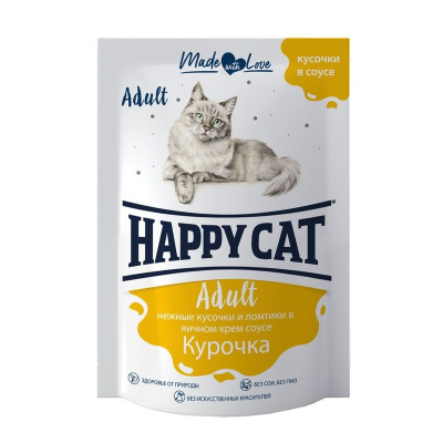 Happy Cat влажный корм для кошек, с КУРИЦЕЙ, ломтики в соусе, в паучах - 85 г повседневный супер премиум для взрослых с курицей паучи Российский корм 1 уп. х 24 шт. х 2.04 кг