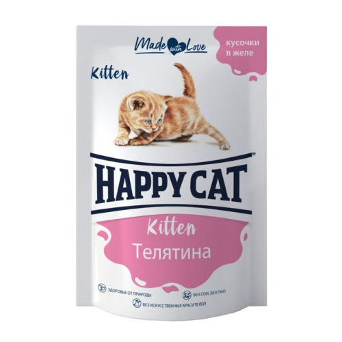 Happy Cat влажный корм для котят, с ТЕЛЯТИНОЙ, в желе, в паучах - 85 г повседневный супер премиум для взрослых с телятиной паучи Российский корм 1 уп. х 24 шт. х 2.04 кг
