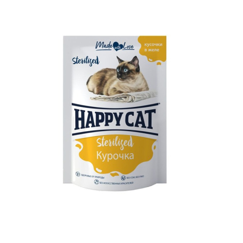 Happy Cat влажный корм для стерилизованных кошек, с КУРИЦЕЙ, кусочки в желе, в паучах - 85 г повседневный супер премиум для взрослых с курицей паучи Российский корм 1 уп. х 24 шт. х 2.04 кг