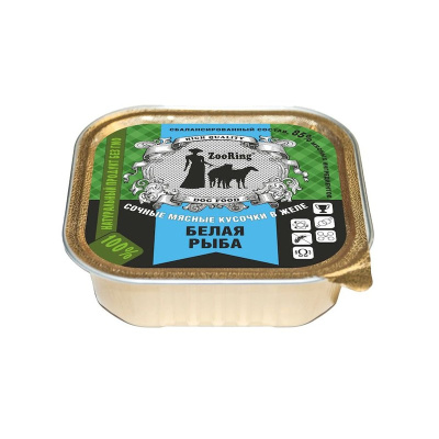Zooring Белая рыба влажный корм для взрослых собак всех пород с РЫБОЙ, кусочки в желе, ламистер - 100 г повседневный премиум для взрослых с рыбой породы крупного размера паштет и ламистеры Российский корм 1 уп. х 16 шт. х 1.6 кг