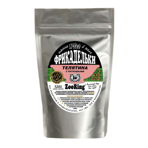 ZooRing влажный корм для собак, фрикадельки в желе, с ТЕЛЯТИНОЙ и потрошками - 1,2 кг премиум для взрослых с телятиной консервы (в железной банке) Россия 1 уп. х 4 шт. х 4.8 кг