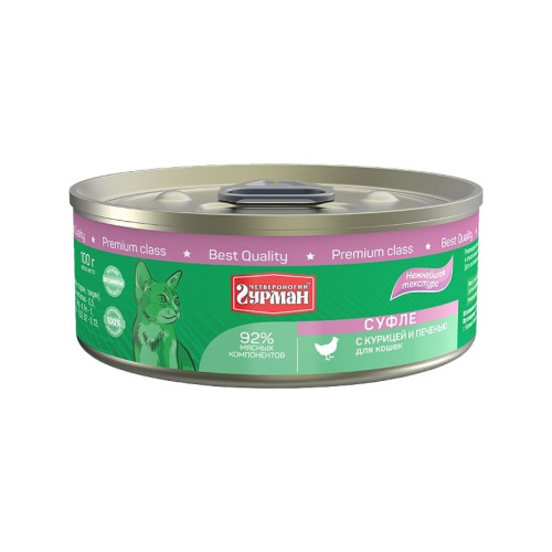 Четвероногий Гурман влажный корм для кошек, суфле с курицей и печенью, в консервах - 100 г повседневный премиум для взрослых с печенью консервы (в железной банке) Российский корм 1 уп. х 24 шт. х 2.4 кг