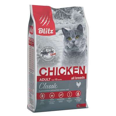 Blitz Classic Adult Cats Chicken полнорационный сухой корм для кошек, с курицей - 2 кг повседневный супер премиум для взрослых с курицей мешок Российский корм 1 уп. х 1 шт. х 2 кг