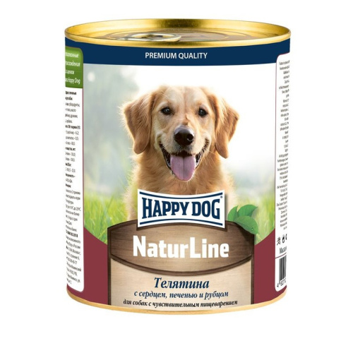 Happy Dog Natur Line консервы для взрослых собак с чувствительным пищеварением с телятиной, сердцем, печенью и рубцом - 970 гр х 12 шт повседневный супер премиум для взрослых с печенью для всех пород консервы (в железной банке) Российский корм 1 уп. х 12 