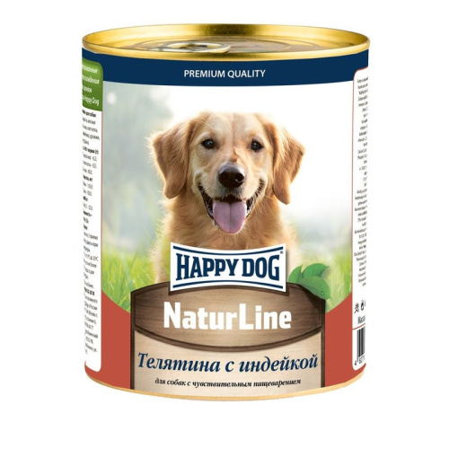 Happy Dog Natur Line консервы для взрослых собак с чувствительным пищеварением с телятиной и индейкой - 970 гр х 12 шт повседневный супер премиум для взрослых с индейкой для всех пород консервы (в железной банке) Российский корм 1 уп. х 12 шт. х 11.64 кг