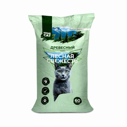 Homecat древесный впитывающий наполнитель с мелкими гранулами, лесная свежесть - 60 л повседневный премиум мешок Россия 1 уп. х 1 шт. х 20 кг