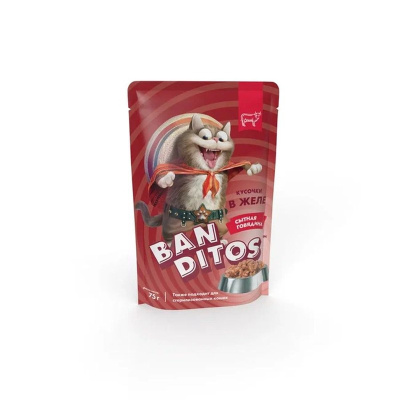 Banditos влажный корм для взрослых кошек, с сытной ГОВЯДИНОЙ, кусочки в желе, в паучах - 75 г x 24 шт повседневный премиум для взрослых с говядиной для всех пород паучи Российский корм 1 уп. х 24 шт. х 1.8 кг