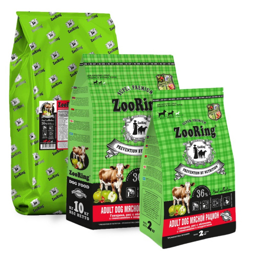 Zooring Adult Dog Мясной рацион 23/10 сухой корм для взрослых собак средних и крупных пород с ГОВЯДИНОЙ, ТЕЛЯТИНОЙ и ПТИЦЕЙ - 10 кг повседневный супер премиум низкозерновые для взрослых с говядиной породы крупного размера мешок Российский корм 1 уп. х 1 ш